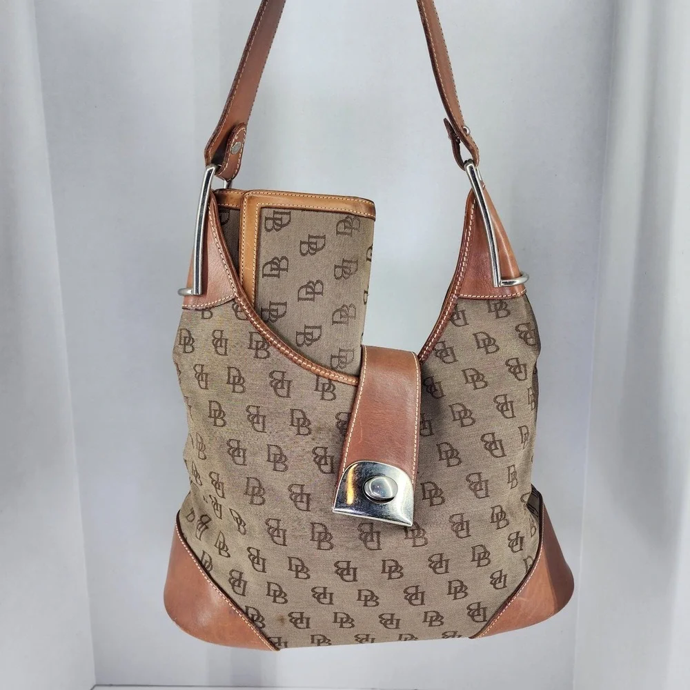 Dooney & Bourke Brown Monogram Hobo with Tan Leather Trim
